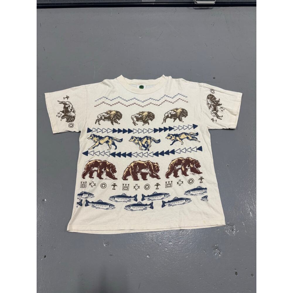 Vintage 90s Wildlife AOP T Shirt‎ XL Single Stitch USA Bear Wolf Fish Nature